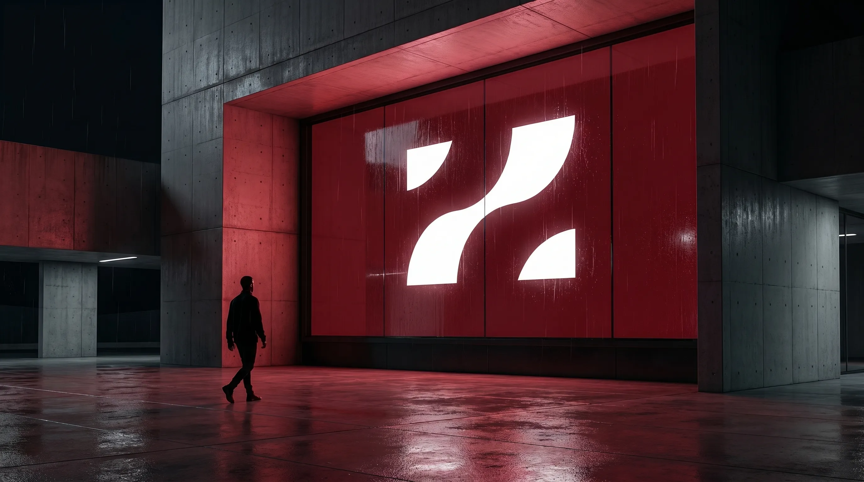Fachada de concreto de noche con el símbolo de VIRAND iluminado sobre un muro rojo.